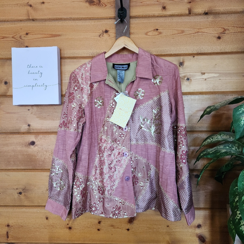 Indigo Moon NWT Vintage Jacket Art to Wear Embroidered Appliqué Sequin Pink Sz L